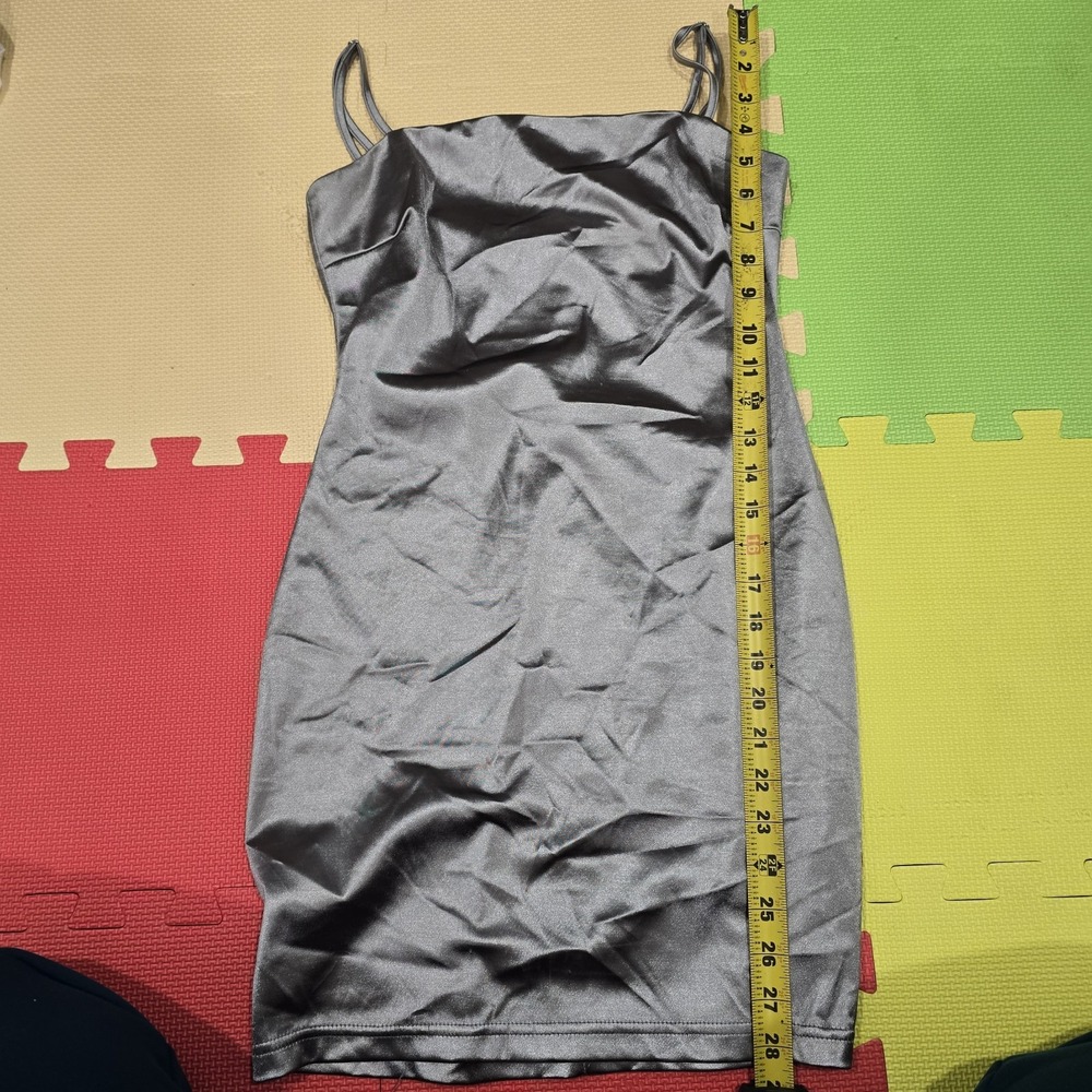 All in Favor Silver Satin Mini Dress Small Metallic Shiny Spaghetti Strap